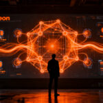 Silueta de un desarrollador interactuando con una interfaz de red neuronal abstracta, representando el lanzamiento del agente Aeon en OpenAI DevDay 2026.