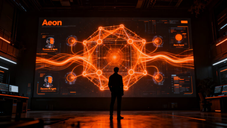 Silueta de un desarrollador interactuando con una interfaz de red neuronal abstracta, representando el lanzamiento del agente Aeon en OpenAI DevDay 2026.