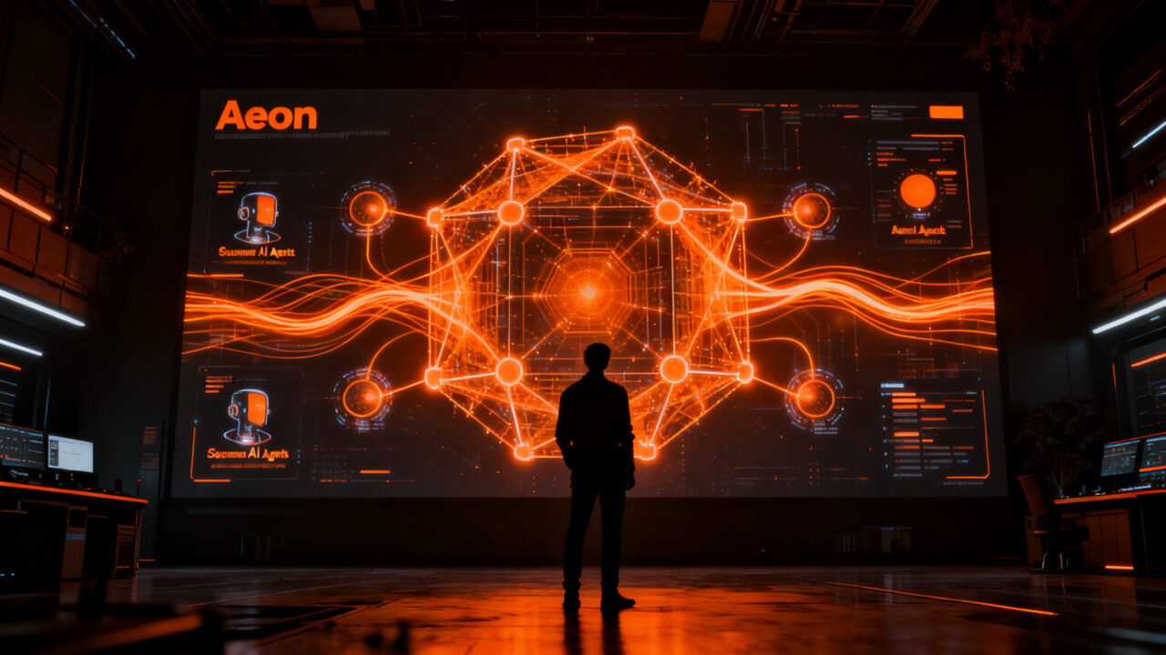 Silueta de un desarrollador interactuando con una interfaz de red neuronal abstracta, representando el lanzamiento del agente Aeon en OpenAI DevDay 2026.