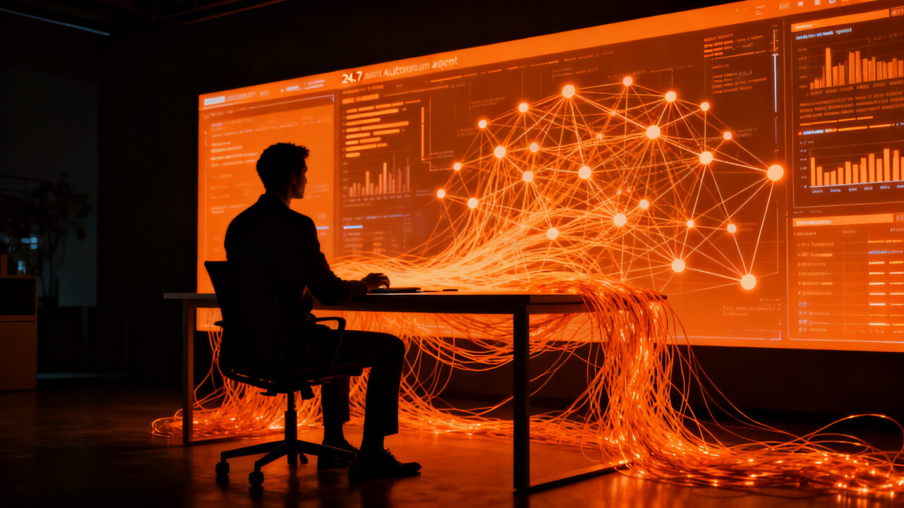 Agente de IA personal OpenAI Dots automatizando tareas digitales en un entorno futurista.