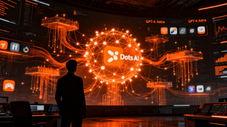 Agente de IA autónomo Dots de OpenAI interactuando con ecosistemas digitales, representando la automatización avanzada y la competencia tecnológica.