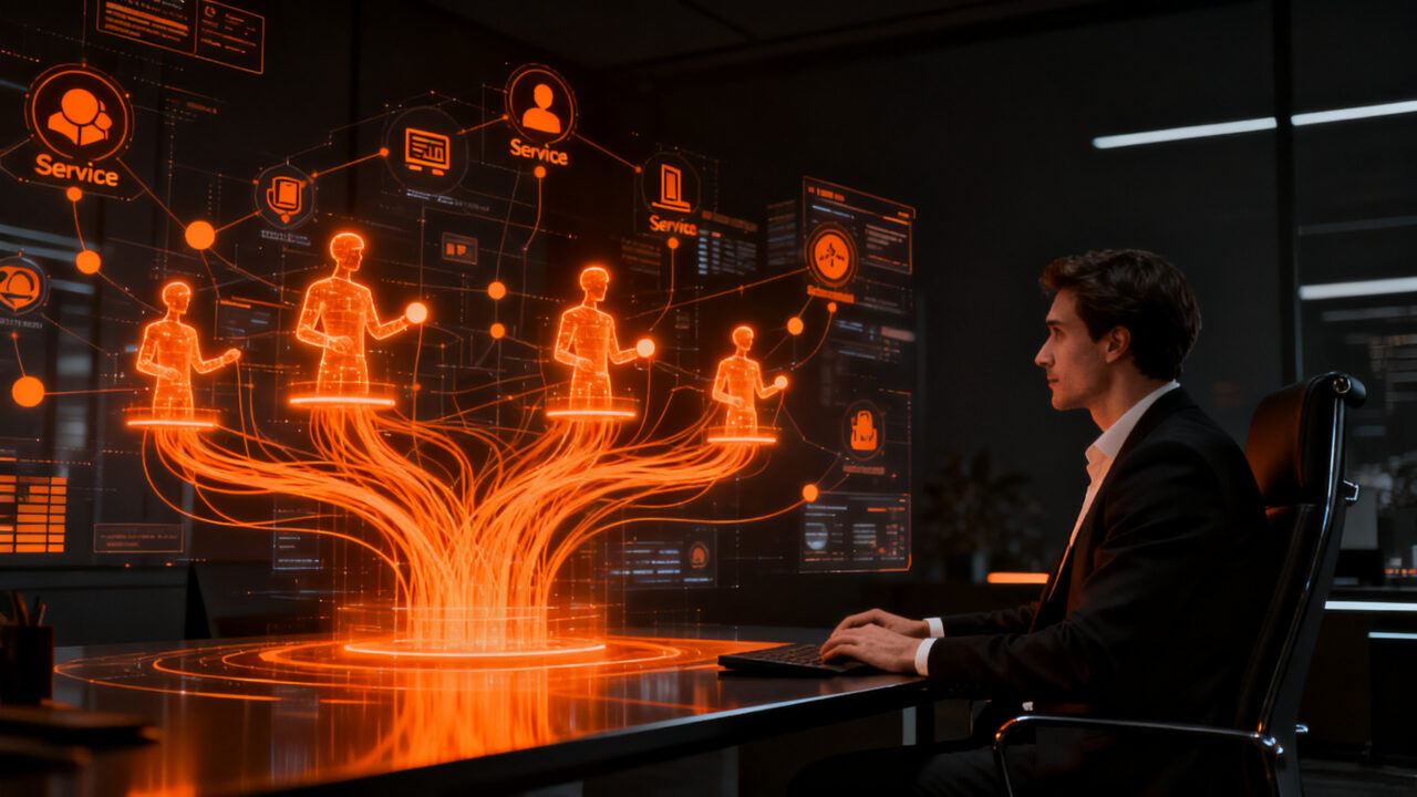 Agentes autónomos de OpenAI Dots trabajando en un entorno digital, representando la automatización empresarial y el futuro de la IA.