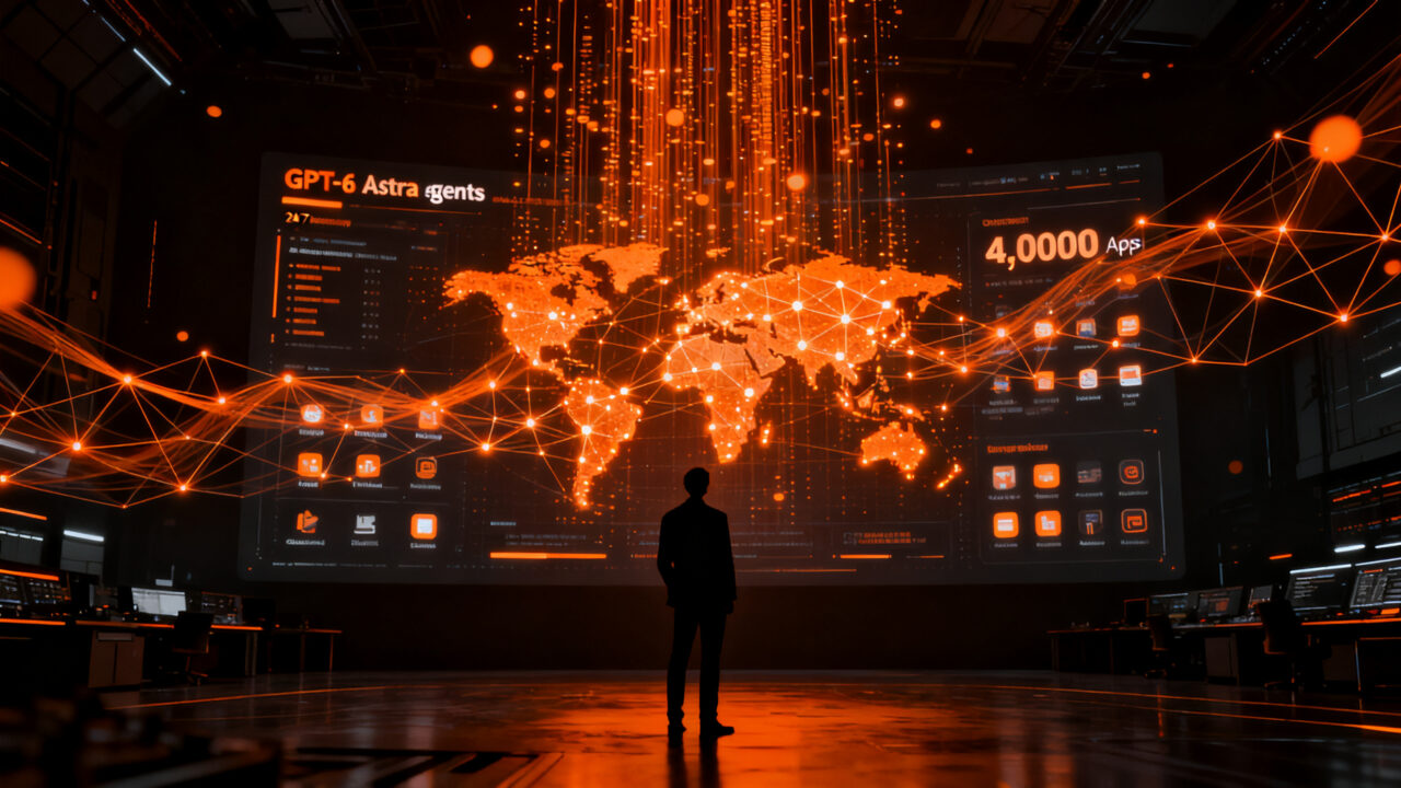 Agente de inteligencia artificial OpenAI Dots interactuando con redes de automatización global, representando el futuro de los agentes IA autónomos.