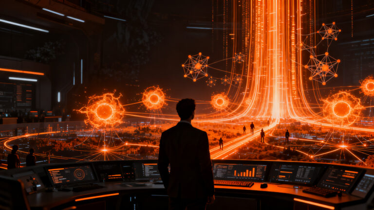 Ilustración conceptual de agentes de IA OpenAI Dots ejecutando tareas autónomas, representando la evolución de la productividad tecnológica frente a competidores.