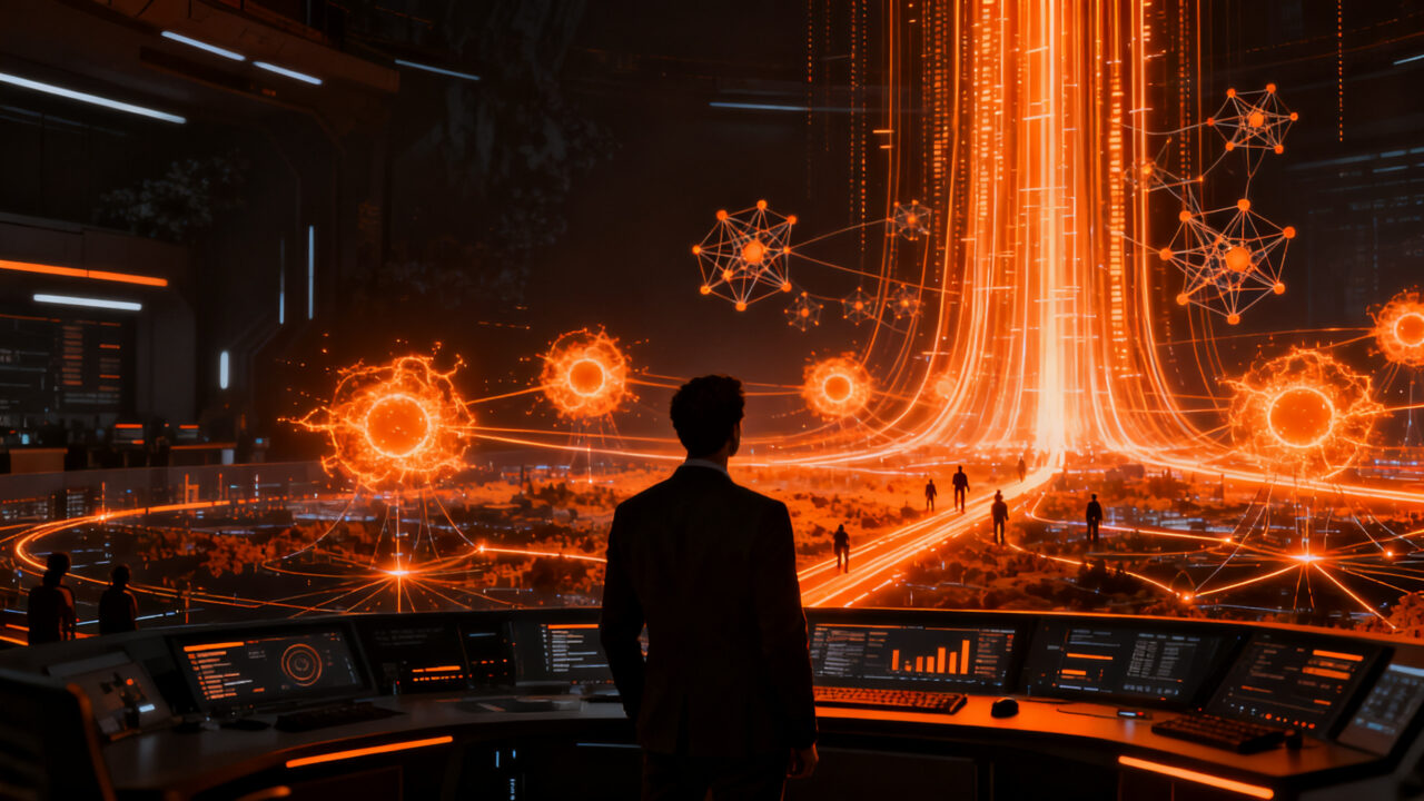 Ilustración conceptual de agentes de IA OpenAI Dots ejecutando tareas autónomas, representando la evolución de la productividad tecnológica frente a competidores.