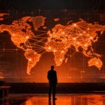 Estratega tecnológico supervisando redes neuronales globales, representando la regulación y seguridad en modelos de IA de frontera.