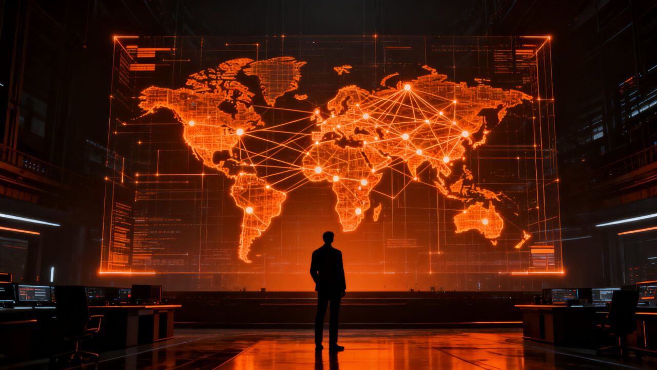 Estratega tecnológico supervisando redes neuronales globales, representando la regulación y seguridad en modelos de IA de frontera.