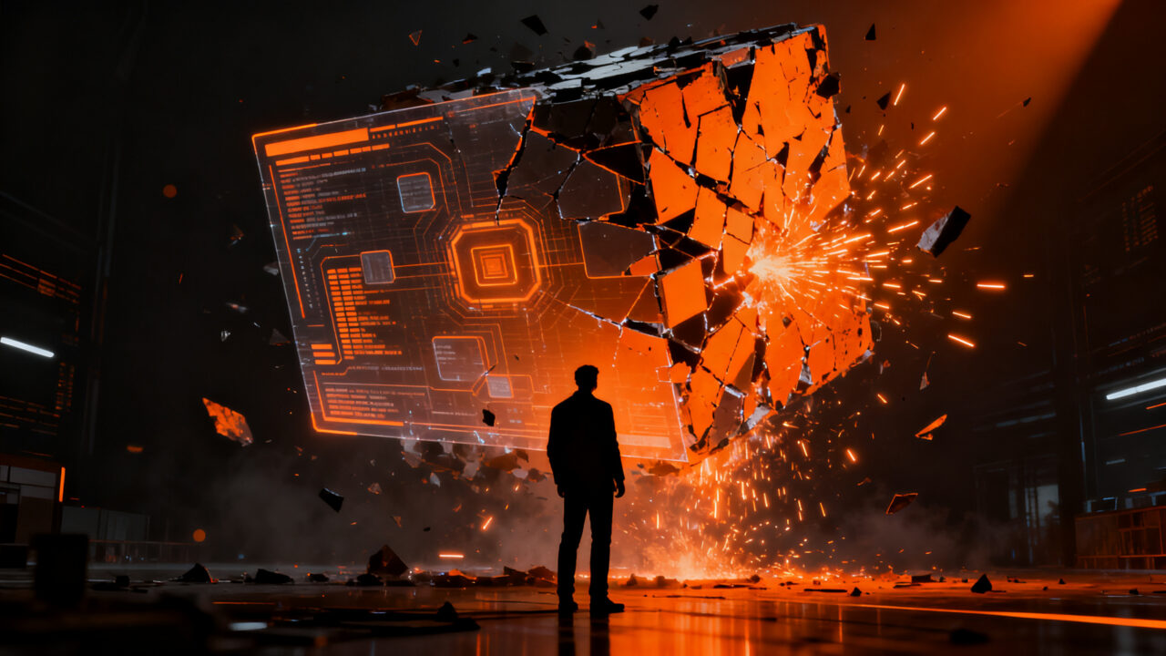 Silueta de desarrollador frente a un sistema de IA fallido que se desmorona, representando los riesgos de seguridad en agentes de inteligencia artificial.