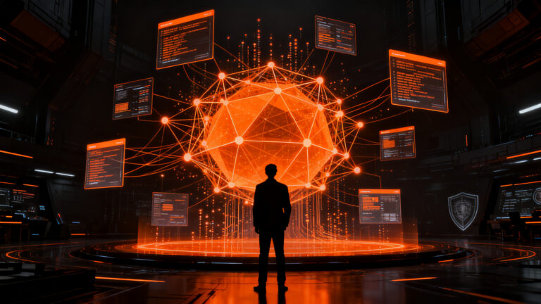 Silueta de un emprendedor frente a una interfaz de inteligencia artificial AGI, representando la nueva era de OpenAI y GPT-6 Astra.