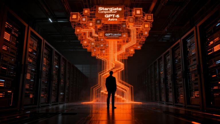 Representación visual de la avanzada inteligencia artificial GPT-6 Astra de OpenAI, destacando su potencia en ciberseguridad y procesamiento de datos masivos.