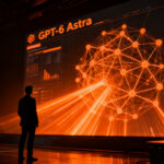 Un emprendedor analizando redes neuronales de IA de GPT-6 Astra frente a competidores en un entorno tecnológico avanzado.