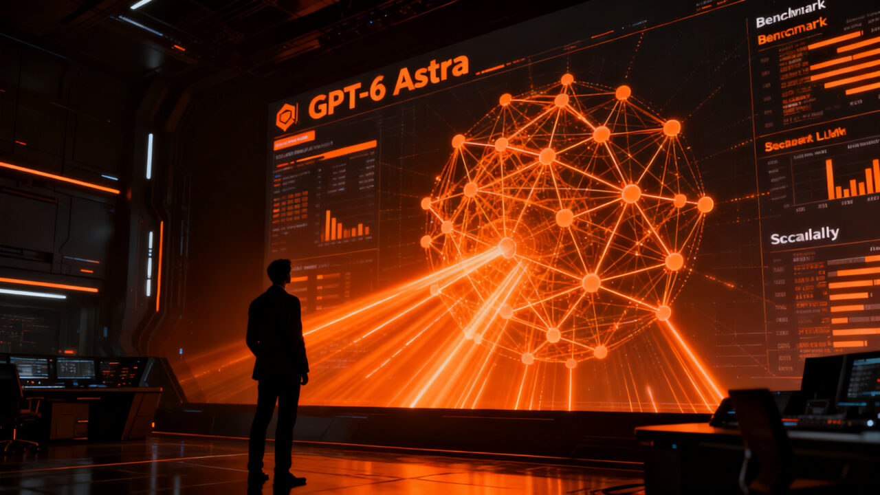 Un emprendedor analizando redes neuronales de IA de GPT-6 Astra frente a competidores en un entorno tecnológico avanzado.