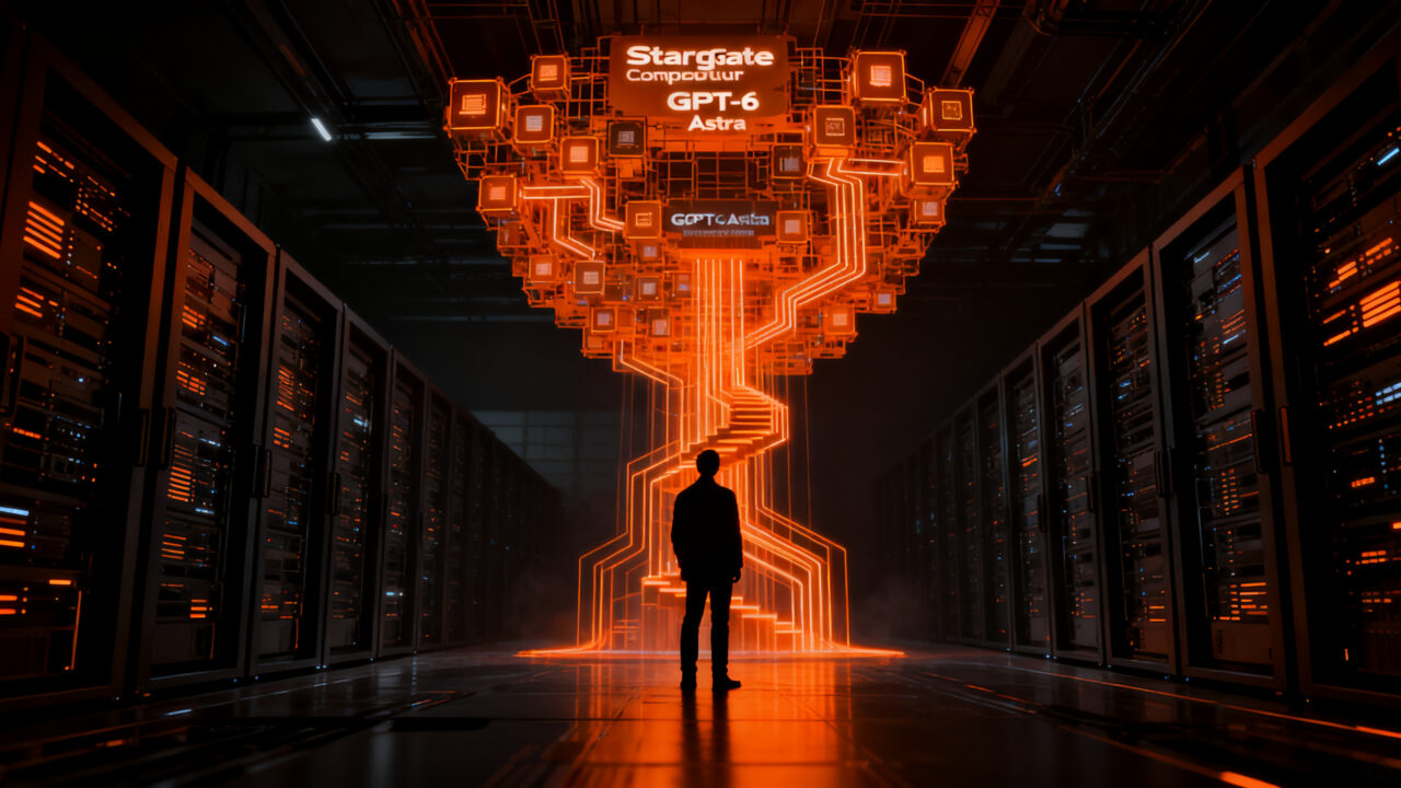 Representación visual de la avanzada inteligencia artificial GPT-6 Astra de OpenAI, destacando su potencia en ciberseguridad y procesamiento de datos masivos.