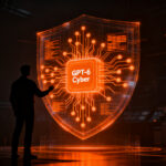 Un experto en ciberseguridad analizando redes neuronales digitales de OpenAI GPT-6 Cyber, representando la defensa proactiva con IA.