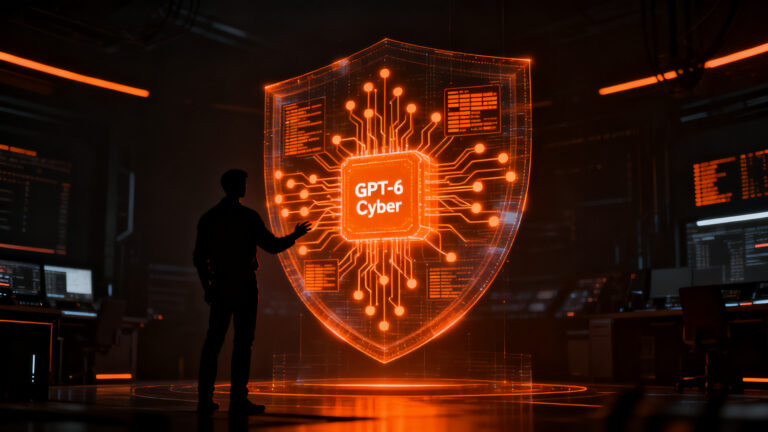Un experto en ciberseguridad analizando redes neuronales digitales de OpenAI GPT-6 Cyber, representando la defensa proactiva con IA.