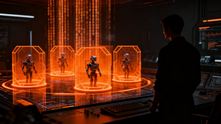 Silueta de un desarrollador controlando agentes de inteligencia artificial, representando la ciberseguridad en GPT-6 Cyber de OpenAI.
