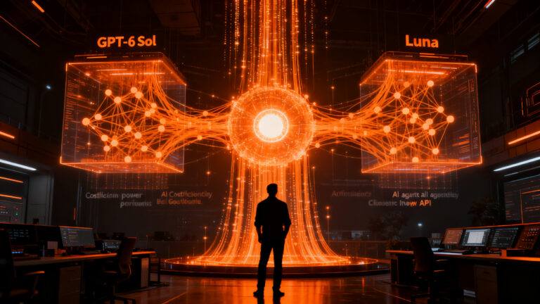 Emprendedor analizando datos de IA con GPT-6 Sol y Luna, representando la optimización de costes y el futuro de los agentes inteligentes.