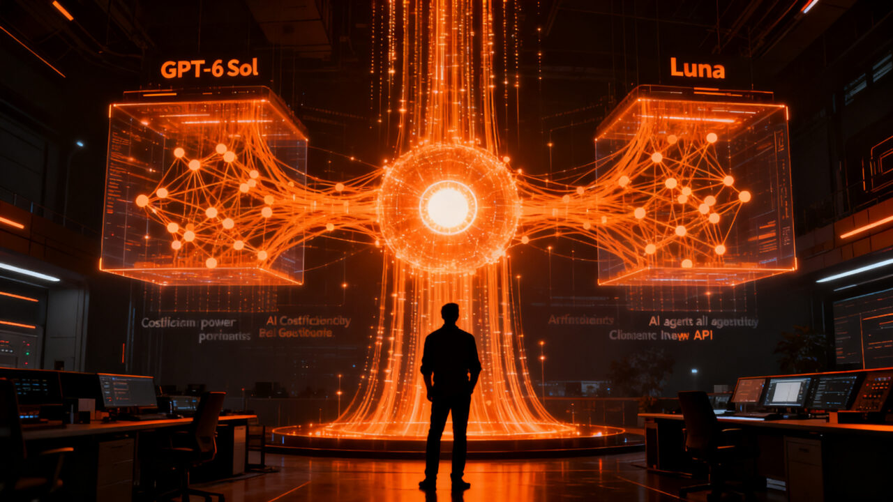 Emprendedor analizando datos de IA con GPT-6 Sol y Luna, representando la optimización de costes y el futuro de los agentes inteligentes.