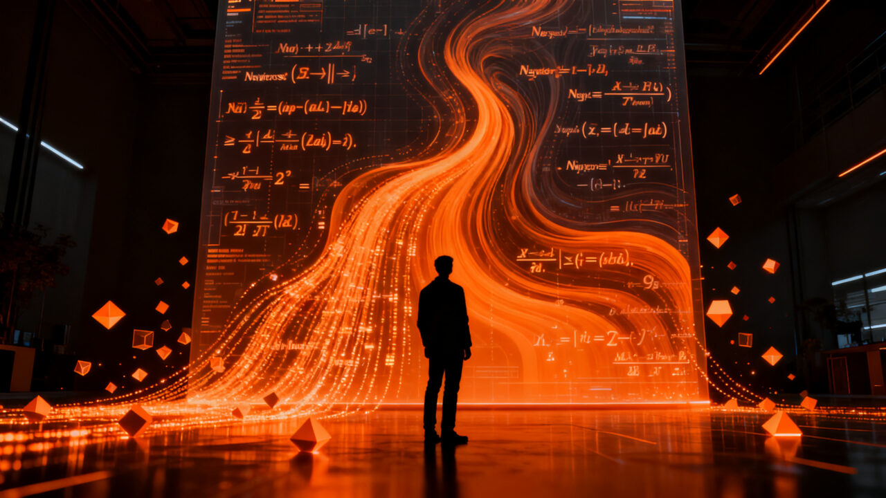 Representación conceptual de un agente de inteligencia artificial descifrando ecuaciones complejas y problemas matemáticos de alto nivel.