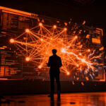 Silueta de un investigador analizando una red neuronal compleja, representando los retos de seguridad y alineamiento en agentes de IA.