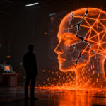 Representación conceptual de riesgos de seguridad en inteligencia artificial, mostrando una silueta humana frente a una red digital compleja y fracturada, simbolizando la supervisión de agentes de IA.