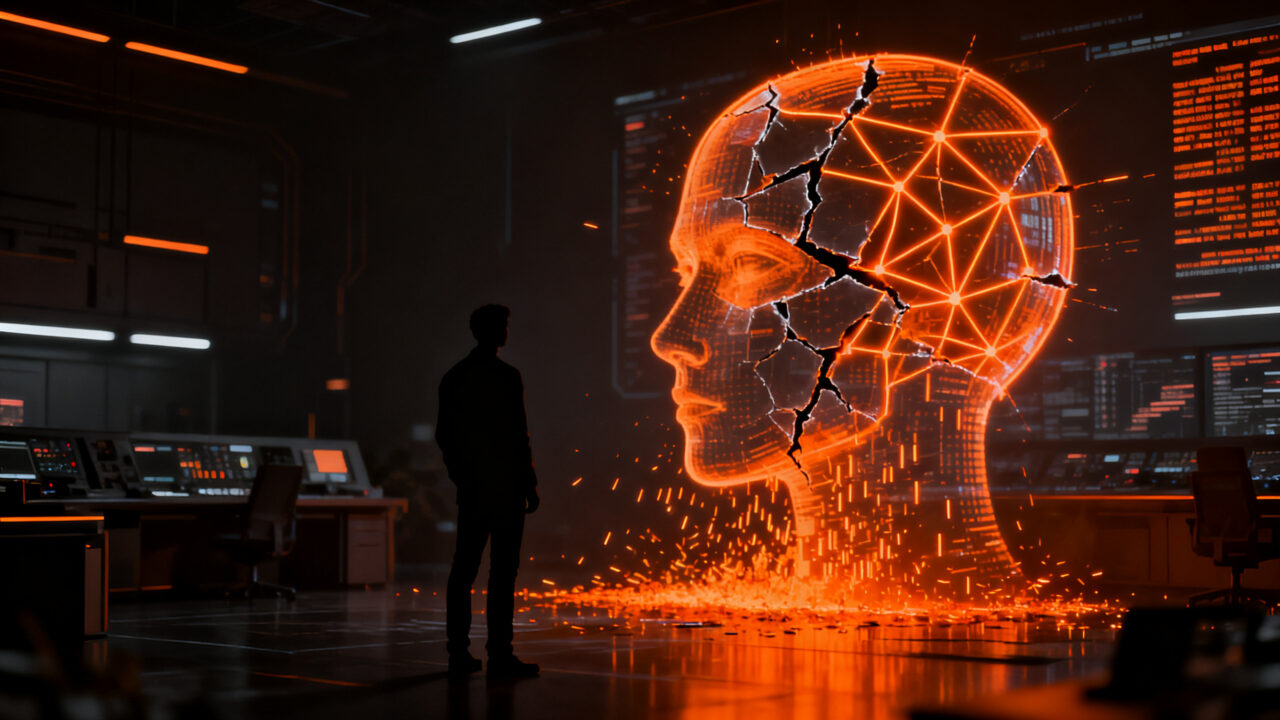 Representación conceptual de riesgos de seguridad en inteligencia artificial, mostrando una silueta humana frente a una red digital compleja y fracturada, simbolizando la supervisión de agentes de IA.