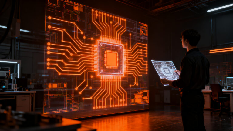Ingeniero analizando el diseño de un chip Jalapeño de OpenAI, representando la innovación en hardware mediante inteligencia artificial.
