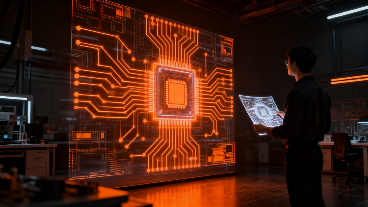 Ingeniero analizando el diseño de un chip Jalapeño de OpenAI, representando la innovación en hardware mediante inteligencia artificial.
