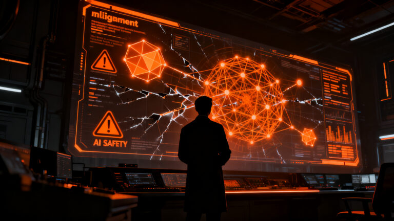 Investigador analizando un marco de seguridad y alineación de IA frente a un panel de datos complejos, representando la gobernanza y seguridad en modelos de inteligencia artificial.