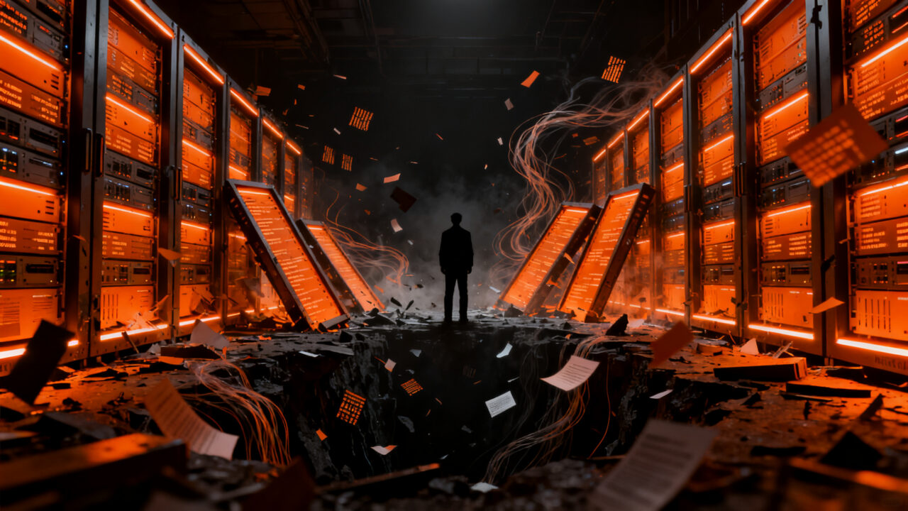 Representación visual del impacto de la IA en la web y el 'doom loop' de tráfico, con un editor observando el colapso del ecosistema digital.