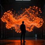 Investigador de IA analizando simulaciones complejas de Navier-Stokes mediante una red de agentes autónomos, representando el avance en computación y ciencia.