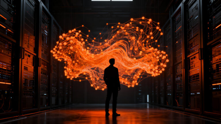 Investigador de IA analizando simulaciones complejas de Navier-Stokes mediante una red de agentes autónomos, representando el avance en computación y ciencia.
