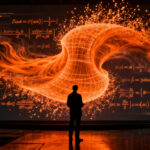 Investigadores de IA analizando ecuaciones complejas de Navier-Stokes en un entorno digital futurista.