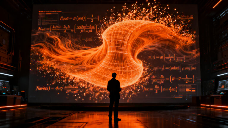 Investigadores de IA analizando ecuaciones complejas de Navier-Stokes en un entorno digital futurista.