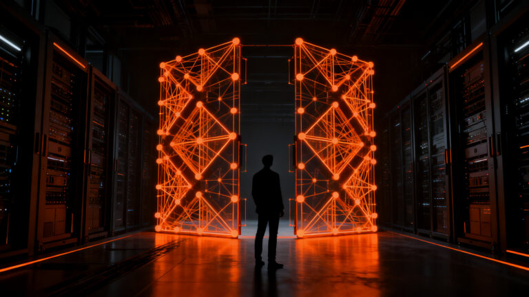 Silueta de Sam Altman frente a una compleja estructura de datos en expansión, representando la estrategia de OpenAI ante su salida a bolsa y seguridad.