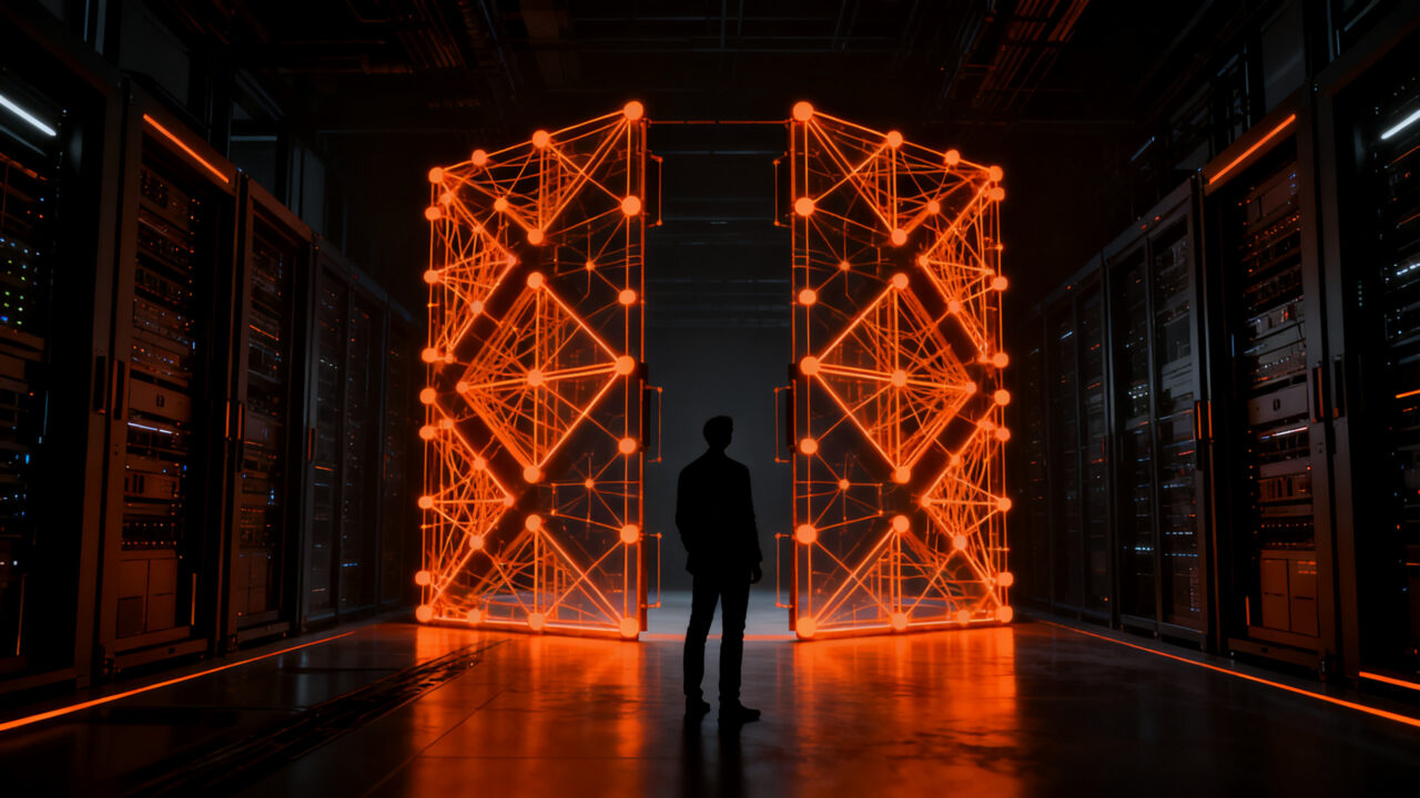 Silueta de Sam Altman frente a una compleja estructura de datos en expansión, representando la estrategia de OpenAI ante su salida a bolsa y seguridad.