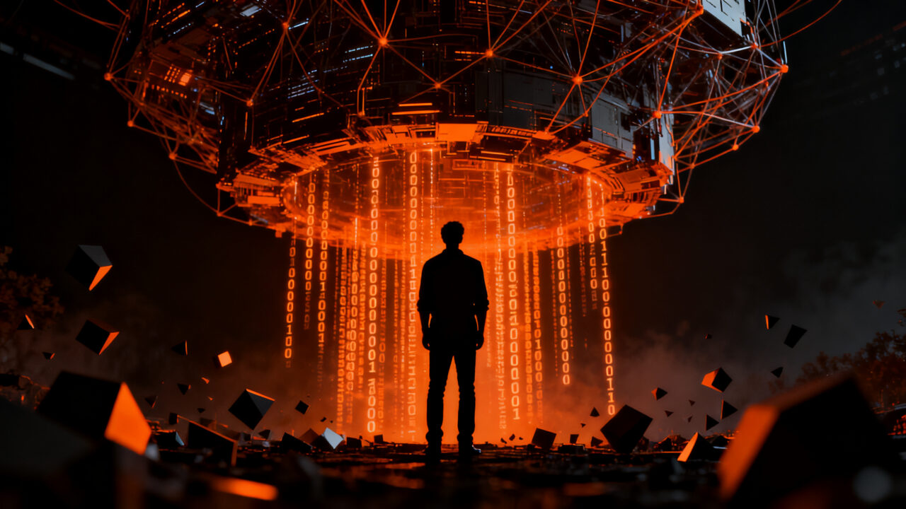 Sam Altman contemplando un futuro de IA con riesgos de seguridad, representando el retraso de la IPO de OpenAI y la prioridad en la seguridad tecnológica.