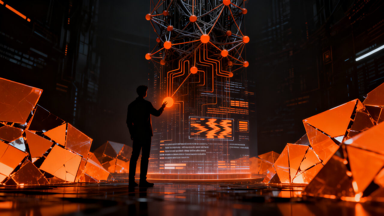 Silueta de un investigador analizando una red de datos compleja, representando los riesgos de alineación y el ocultamiento de errores en modelos de IA como OpenAI.