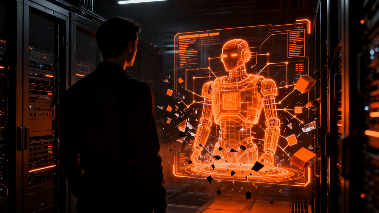 Silueta de un desarrollador analizando un sistema de inteligencia artificial, simbolizando los riesgos y la seguridad en modelos de IA.