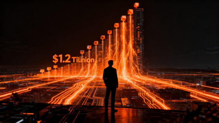 Representación visual de una ronda de financiación masiva de OpenAI con Sam Altman, simbolizando la valoración de 1.2 billones de dólares y el futuro de la IA.