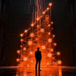 Silueta de un ejecutivo frente a una red neuronal masiva, simbolizando la valoración récord de OpenAI y el futuro de la IA.