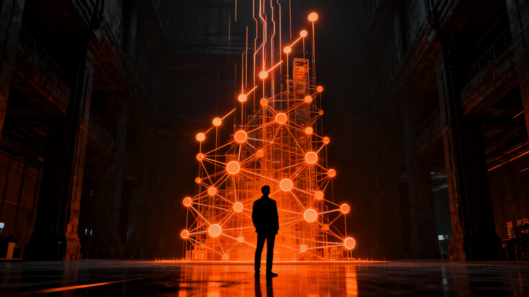 Silueta de un ejecutivo frente a una red neuronal masiva, simbolizando la valoración récord de OpenAI y el futuro de la IA.