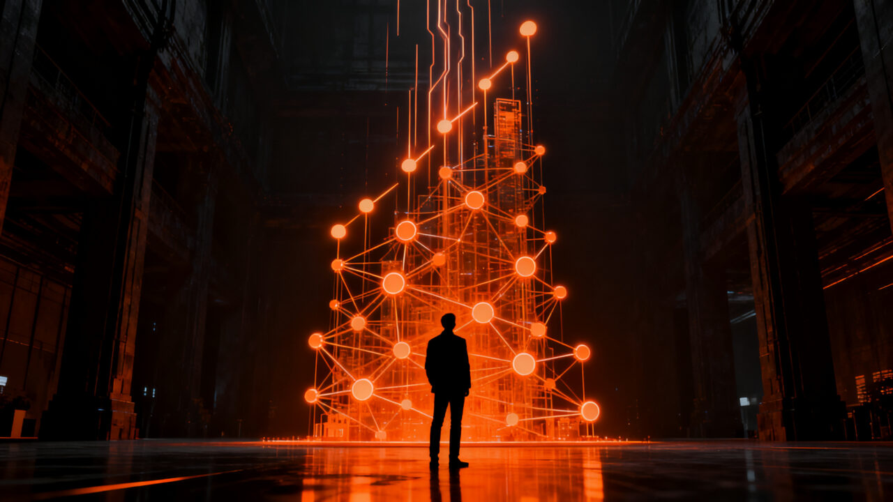 Silueta de un ejecutivo frente a una red neuronal masiva, simbolizando la valoración récord de OpenAI y el futuro de la IA.