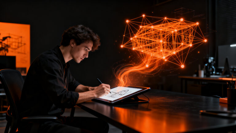 Emprendedor utilizando la herramienta Sketch de OpenAI en ChatGPT Images 2.5 para diseño creativo asistido por IA.