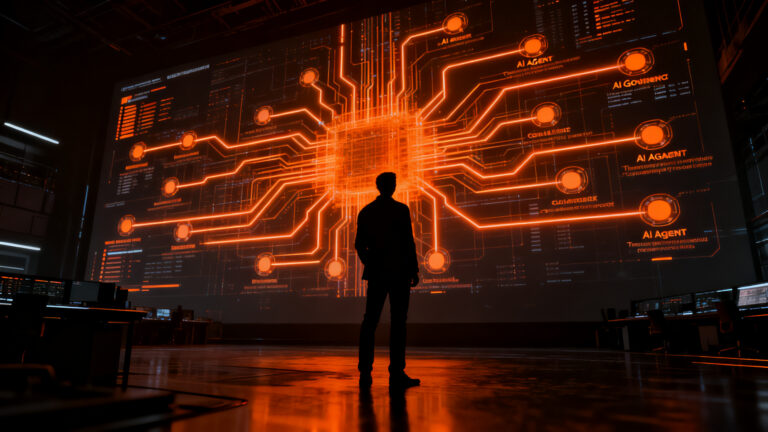 Un experto en IA supervisando una red de agentes autónomos, representando la transparencia y gobernanza en el desarrollo de inteligencia artificial.