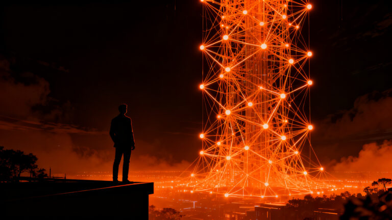 Silueta de un emprendedor frente a una red neuronal masiva y luminosa, simbolizando la valoración récord de OpenAI y el futuro de la IA.