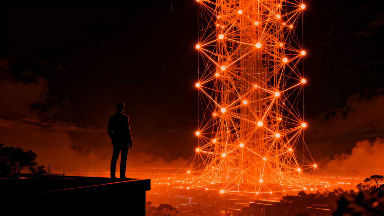 Silueta de un emprendedor frente a una red neuronal masiva y luminosa, simbolizando la valoración récord de OpenAI y el futuro de la IA.
