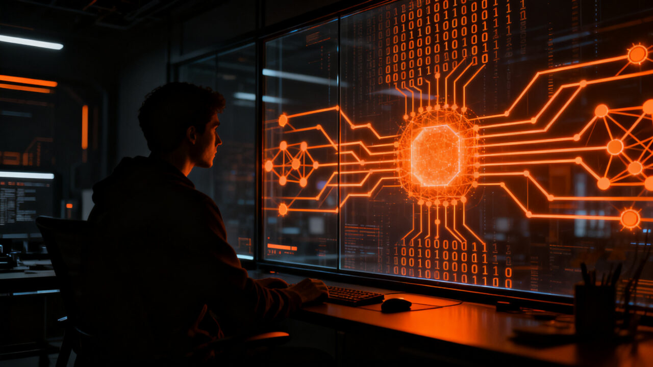 Un desarrollador analizando flujos de datos de inteligencia artificial local en un navegador, representando inferencia y toma de decisiones con IA.