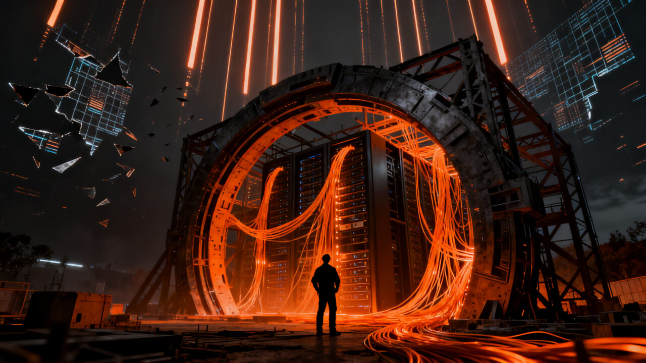 Infraestructura de centro de datos de IA de Oracle con silueta de ingeniero analizando fallos en una estructura masiva.