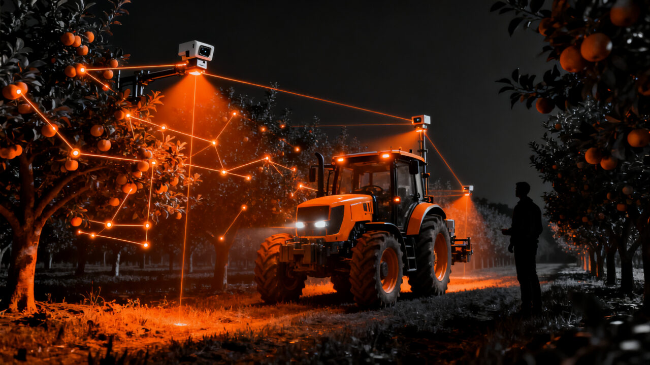 Cámaras de IA analizando cultivos para agricultura de precisión, optimizando la cosecha con tecnología AgTech.
